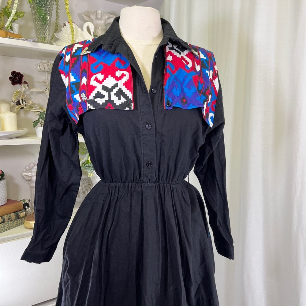 Vintage 80s 90s Sas’sa Western Wear Red and Blue Patterned Yoke Black Maxi Dress